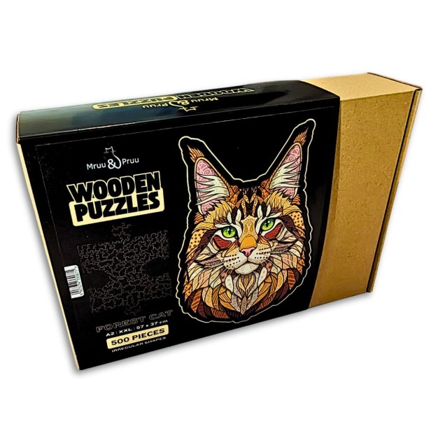 Wooden puzzle Forest Cat - infographic with product features: 500 pieces, 3 mm thick, irregular shapes, puzzle cat, wooden puzzle cat, jigsaw cat