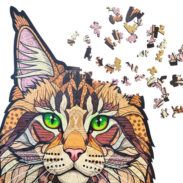 Wooden puzzle Forest Cat - infographic with product features: 500 pieces, 3 mm thick, irregular shapes, puzzle cat, wooden puzzle cat, jigsaw cat