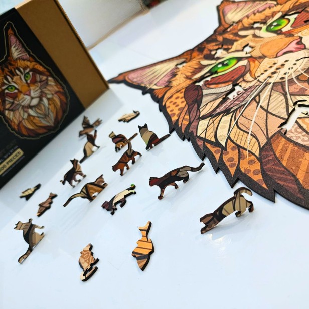 Wooden puzzle Forest Cat - infographic with product features: 500 pieces, 3 mm thick, irregular shapes, puzzle cat, wooden puzzle cat, jigsaw cat