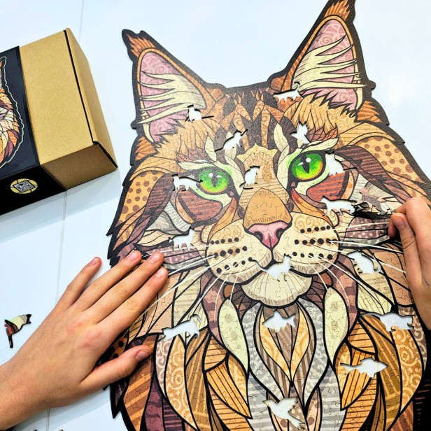 Wooden puzzle Forest Cat - infographic with product features: 500 pieces, 3 mm thick, irregular shapes, puzzle cat, wooden puzzle cat, jigsaw cat