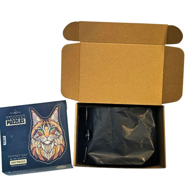 Wooden puzzle Forest Cat - infographic with product features: 500 pieces, 3 mm thick, irregular shapes, puzzle cat, wooden puzzle cat, jigsaw cat