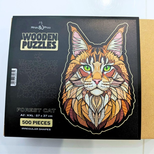 Wooden puzzle Forest Cat - infographic with product features: 500 pieces, 3 mm thick, irregular shapes, puzzle cat, wooden puzzle cat, jigsaw cat