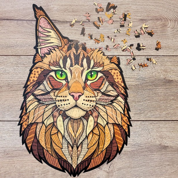 Wooden puzzle Forest Cat - infographic with product features: 500 pieces, 3 mm thick, irregular shapes, puzzle cat, wooden puzzle cat, jigsaw cat