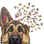 Complete set of wooden puzzles German Shepherd - assembled picture, box, and special pieces.