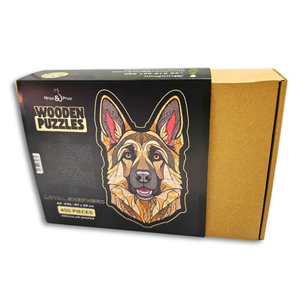 Complete set of wooden puzzles German Shepherd - assembled picture, box, and special pieces.
