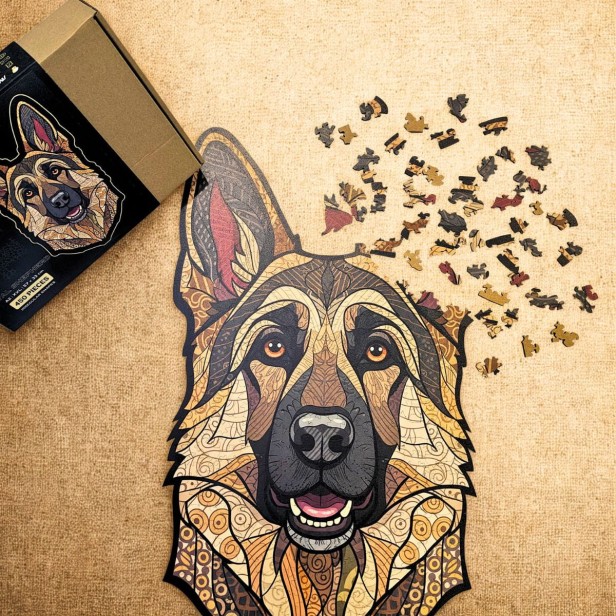 Complete set of wooden puzzles German Shepherd - assembled picture, box, and special pieces.