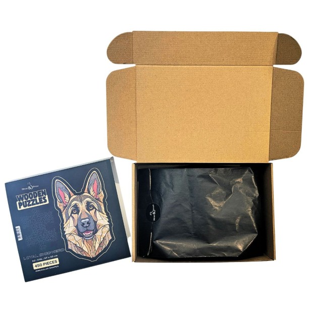 Complete set of wooden puzzles German Shepherd - assembled picture, box, and special pieces.