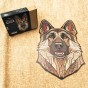 Complete set of wooden puzzles German Shepherd - assembled picture, box, and special pieces.