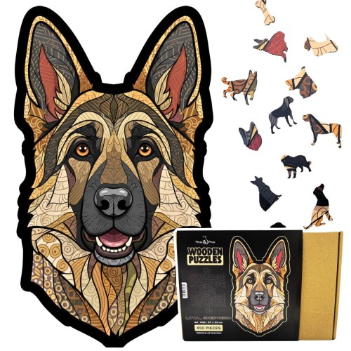 Complete set of wooden puzzles German Shepherd - assembled picture, box, and special pieces.