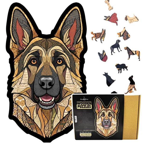 Complete set of wooden puzzles German Shepherd - assembled picture, box, and special pieces.