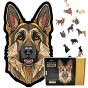 Complete set of wooden puzzles German Shepherd - assembled picture, box, and special pieces.