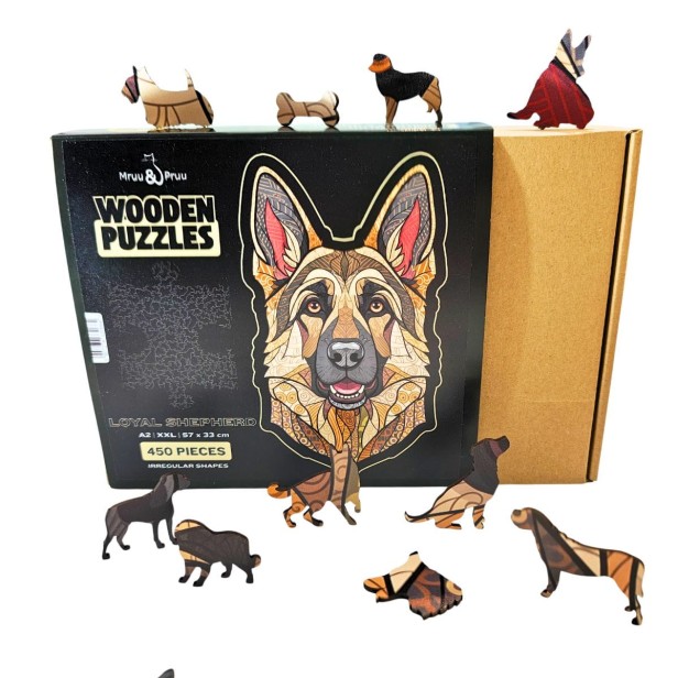 Complete set of wooden puzzles German Shepherd - assembled picture, box, and special pieces.