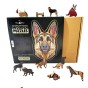 Complete set of wooden puzzles German Shepherd - assembled picture, box, and special pieces.