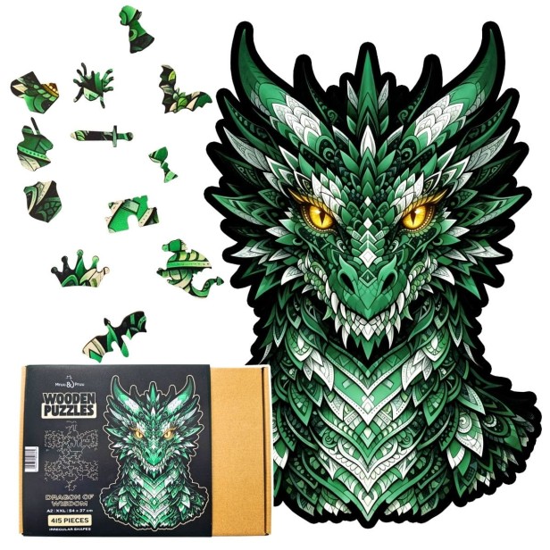 dragon puzzle, wooden dragon puzzle, gift box for puzzle, elegant puzzle packaging,