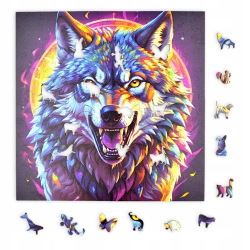 predatory wolf puzzle, predatory wolf, wolf, colorful wolf, wolf on colorful background, 25x25cm , square puzzle, irregular shapes, wooden puzzle, 150 pieces, mruu&amp;pruu puzzle, mruupruu, mruupruu puzzle