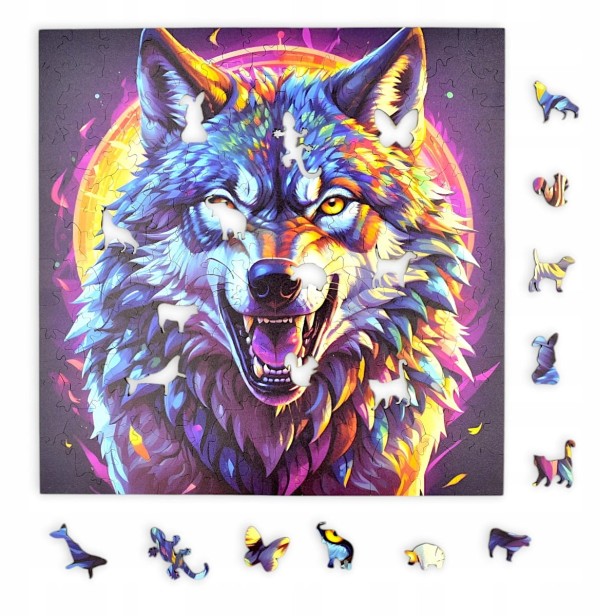 predatory wolf puzzle, predatory wolf, wolf, colorful wolf, wolf on colorful background, 25x25cm , square puzzle, irregular shapes, wooden puzzle, 150 pieces, mruu&amp;pruu puzzle, mruupruu, mruupruu puzzle