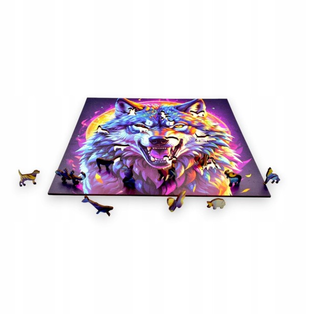 predatory wolf puzzle, predatory wolf, wolf, colorful wolf, wolf on colorful background, 25x25cm , square puzzle, irregular shapes, wooden puzzle, 150 pieces, mruu&amp;pruu puzzle, mruupruu, mruupruu puzzle