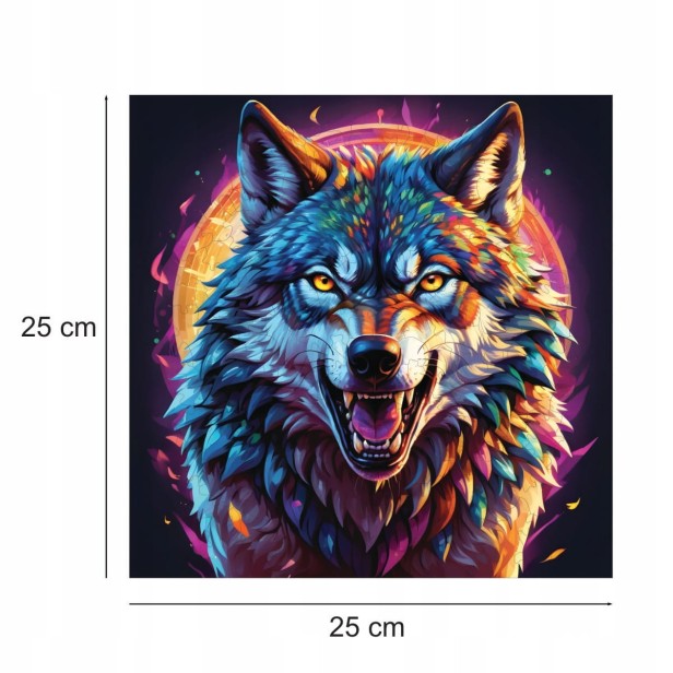 predatory wolf puzzle, predatory wolf, wolf, colorful wolf, wolf on colorful background, 25x25cm , square puzzle, irregular shapes, wooden puzzle, 150 pieces, mruu&amp;pruu puzzle, mruupruu, mruupruu puzzle