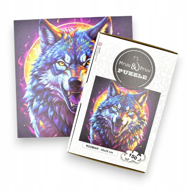 predatory wolf puzzle, predatory wolf, wolf, colorful wolf, wolf on colorful background, 25x25cm , square puzzle, irregular shapes, wooden puzzle, 150 pieces, mruu&amp;pruu puzzle, mruupruu, mruupruu puzzle