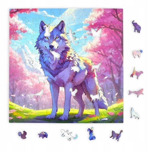 puzzle with wolf, wolf, colorful wolf, wolf on colorful background, 25x25cm , square puzzle, irregular shapes, wooden puzzle, 150 pieces, mruupruu puzzle, mruupruu, mruupruu puzzle