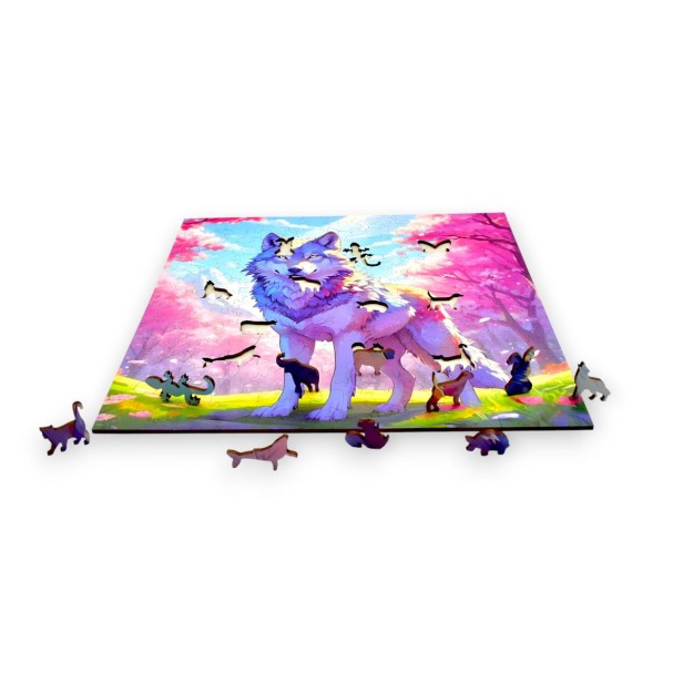 puzzle with wolf, wolf, colorful wolf, wolf on colorful background, 25x25cm , square puzzle, irregular shapes, wooden puzzle, 150 pieces, mruupruu puzzle, mruupruu, mruupruu puzzle