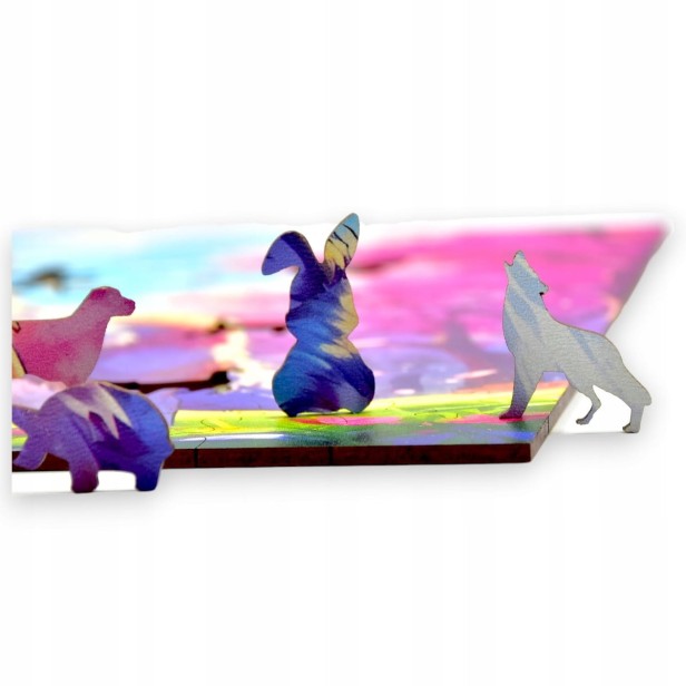 puzzle with wolf, wolf, colorful wolf, wolf on colorful background, 25x25cm , square puzzle, irregular shapes, wooden puzzle, 150 pieces, mruupruu puzzle, mruupruu, mruupruu puzzle