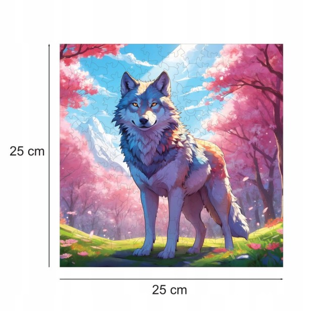 puzzle with wolf, wolf, colorful wolf, wolf on colorful background, 25x25cm , square puzzle, irregular shapes, wooden puzzle, 150 pieces, mruupruu puzzle, mruupruu, mruupruu puzzle