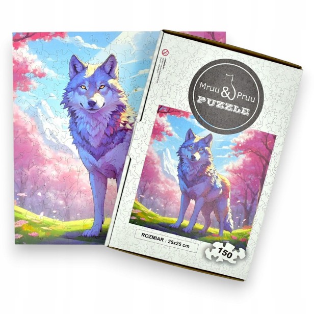 puzzle with wolf, wolf, colorful wolf, wolf on colorful background, 25x25cm , square puzzle, irregular shapes, wooden puzzle, 150 pieces, mruupruu puzzle, mruupruu, mruupruu puzzle