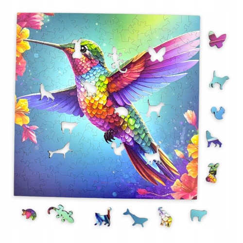 hummingbird puzzle, hummingbird, hummingbird on colorful background, 25x25cm , square puzzle, irregular shapes, wooden puzzle, 150 pieces, mruupruu puzzle, mruupruu, mruupruu puzzle
