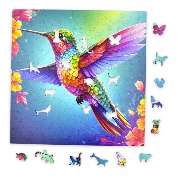 hummingbird puzzle, hummingbird, hummingbird on colorful background, 25x25cm , square puzzle, irregular shapes, wooden puzzle, 150 pieces, mruupruu puzzle, mruupruu, mruupruu puzzle