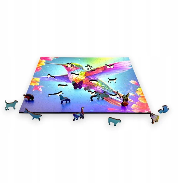 hummingbird puzzle, hummingbird, hummingbird on colorful background, 25x25cm , square puzzle, irregular shapes, wooden puzzle, 150 pieces, mruupruu puzzle, mruupruu, mruupruu puzzle