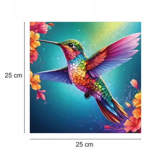 hummingbird puzzle, hummingbird, hummingbird on colorful background, 25x25cm , square puzzle, irregular shapes, wooden puzzle, 150 pieces, mruupruu puzzle, mruupruu, mruupruu puzzle