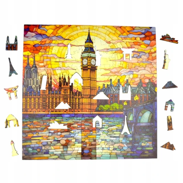 puzzle big ben 150 elementów, puzzle drewniane, mruu&amp;pruu puzzle, big ben, kolorowe puzzle big ben, witraż