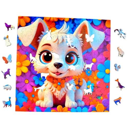 dog puzzle 150 elements, wooden puzzle, mruupruu puzzle, dog, colorful dog puzzle